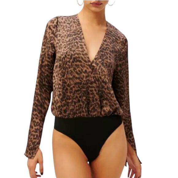 Good American NEW Sepia Leopard Faux Wrap Bodysuit Brown Black 1 or US Small - Picture 2 of 14